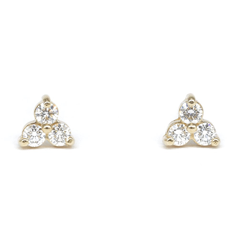 Three Diamond Yellow Gold Stud Earrings