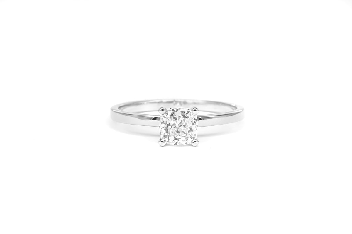 Cushion Moissanite Solitaire Ring in 18 Karat White Gold (1.00 Carat)