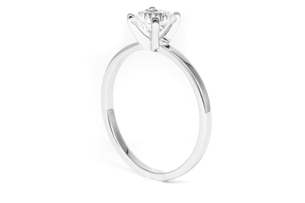 Cushion Moissanite Solitaire Ring in 18 Karat White Gold (1.00 Carat)