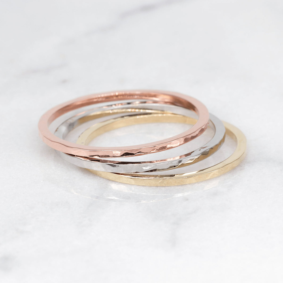 Hammered Stackable Rings in Rose White and Yellow Gold