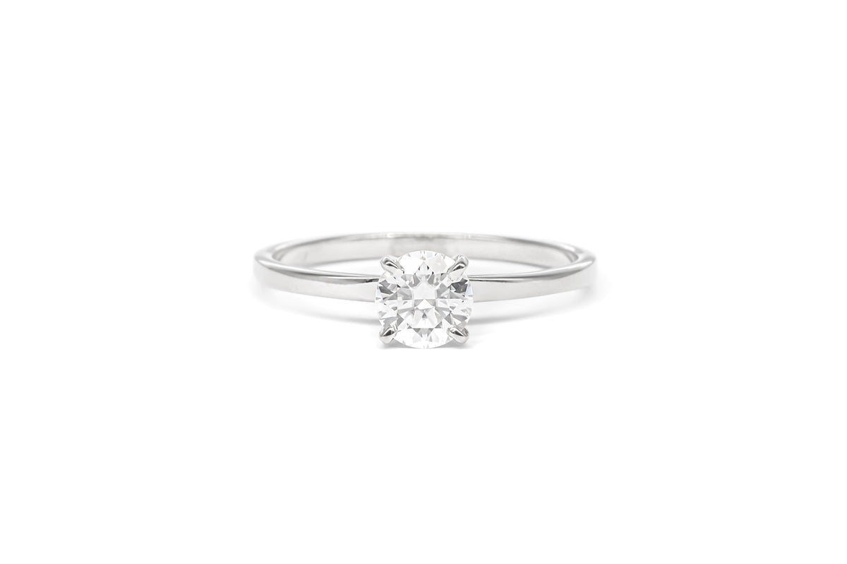 Moissanite Solitaire Ring in 18 Karat White Gold (0.85 Carat)